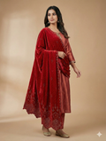 Exquisite Crimson Velvet Shawl with Intricate Scalloped Embroidery