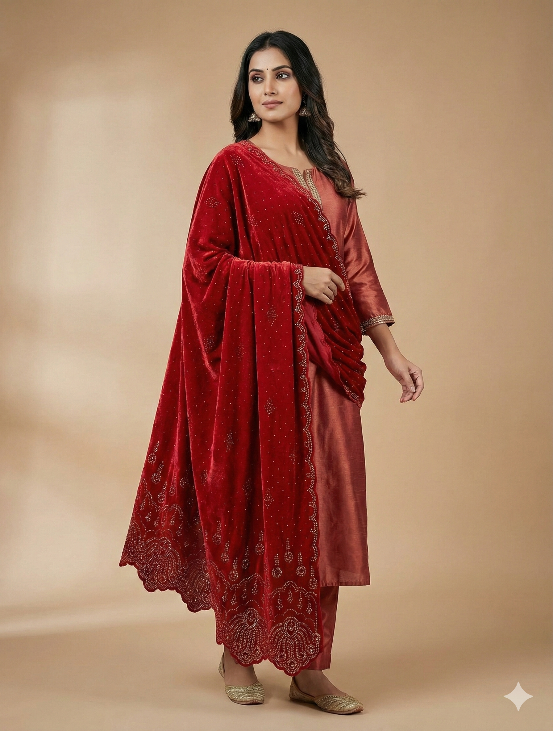 Exquisite Crimson Velvet Shawl with Intricate Scalloped Embroidery