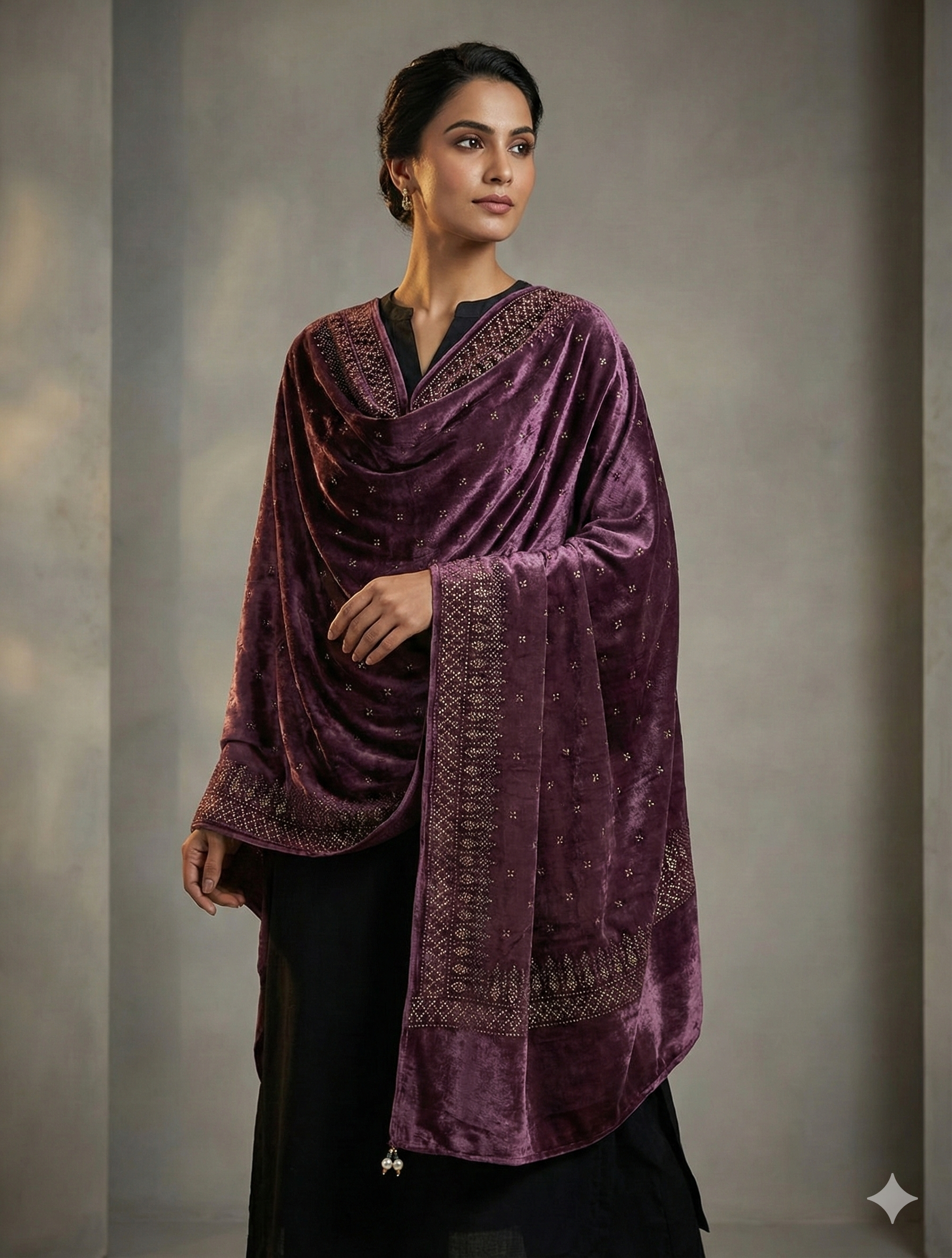Exquisite Crimson Velvet Shawl with Intricate Scalloped Embroidery