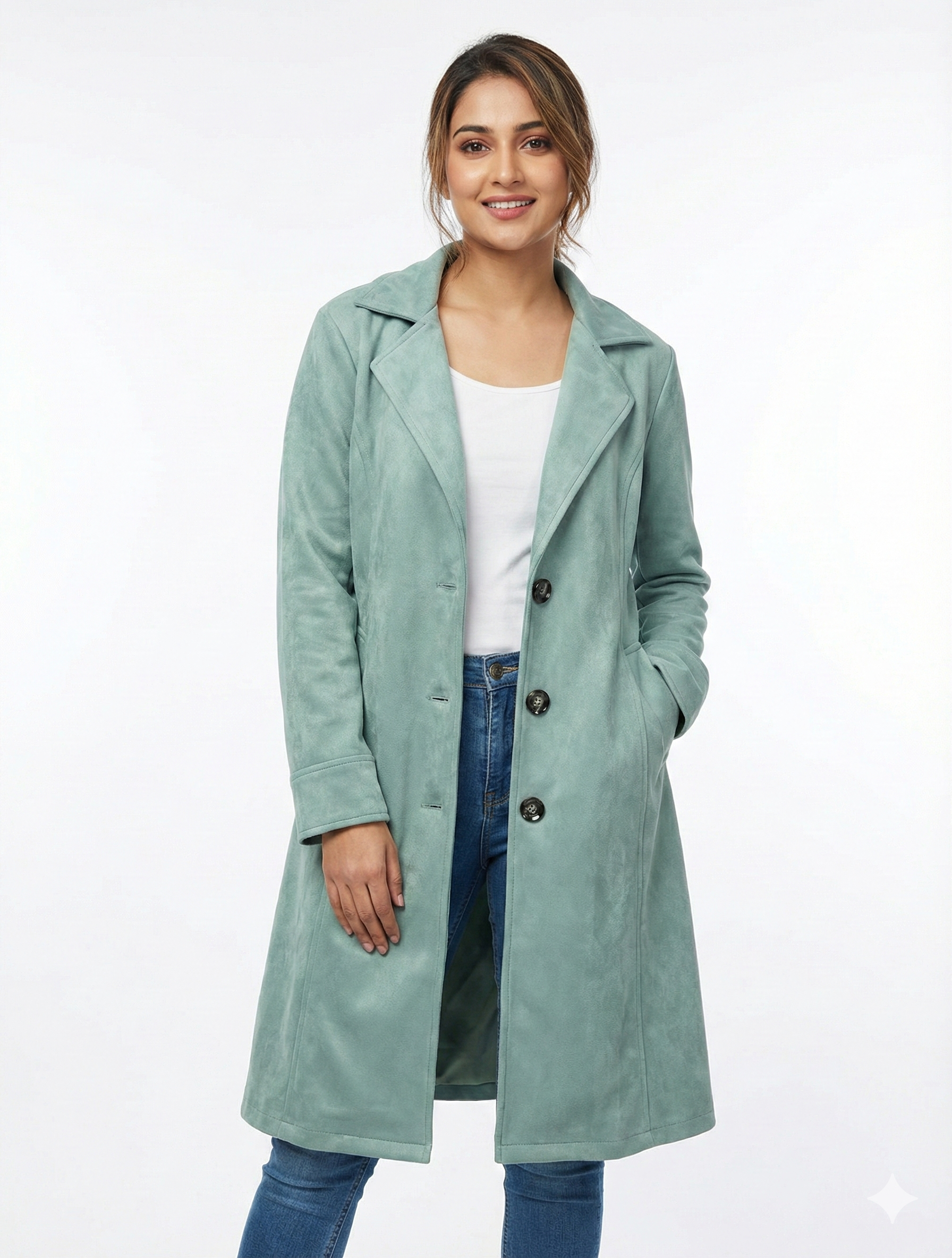 Suede-Finish Longline Trench Coat – Seafoam Mint