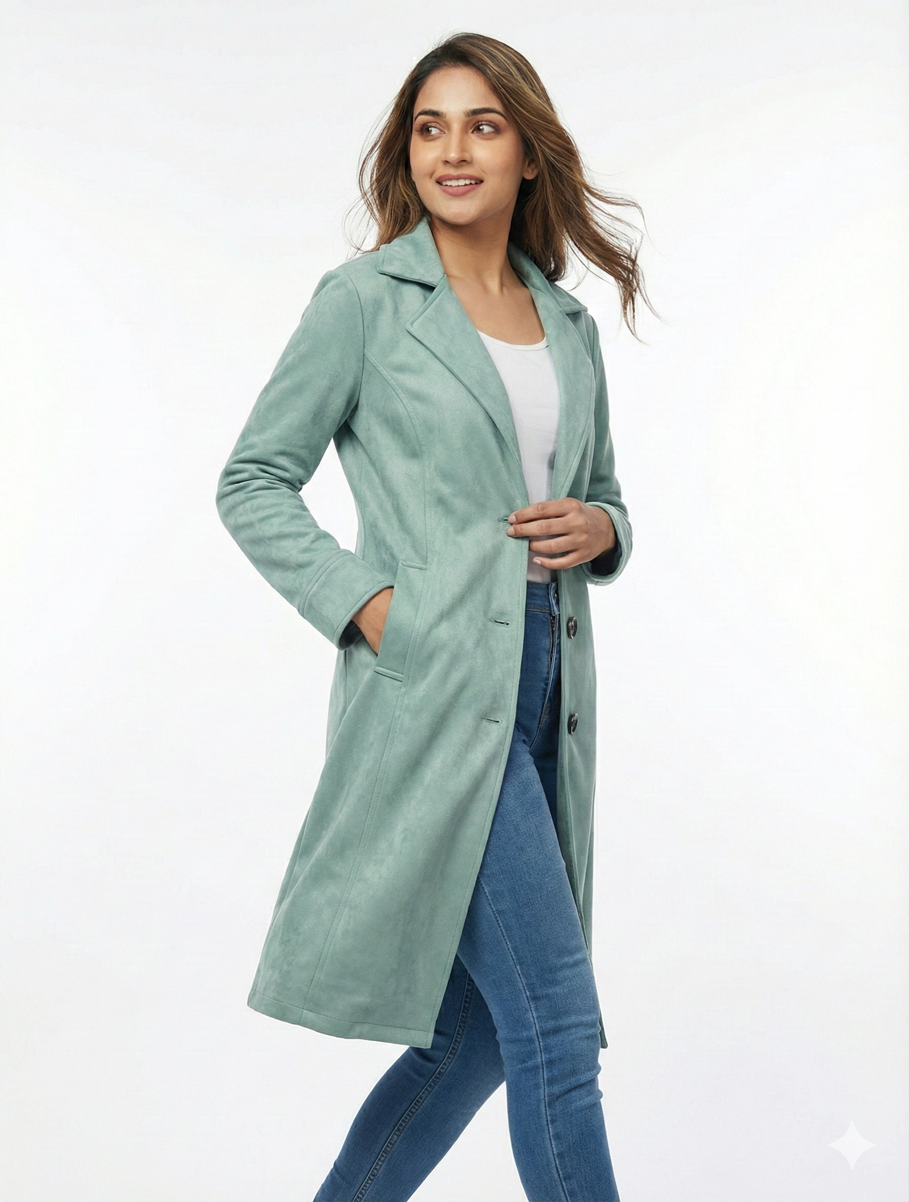 Suede-Finish Longline Trench Coat – Seafoam Mint